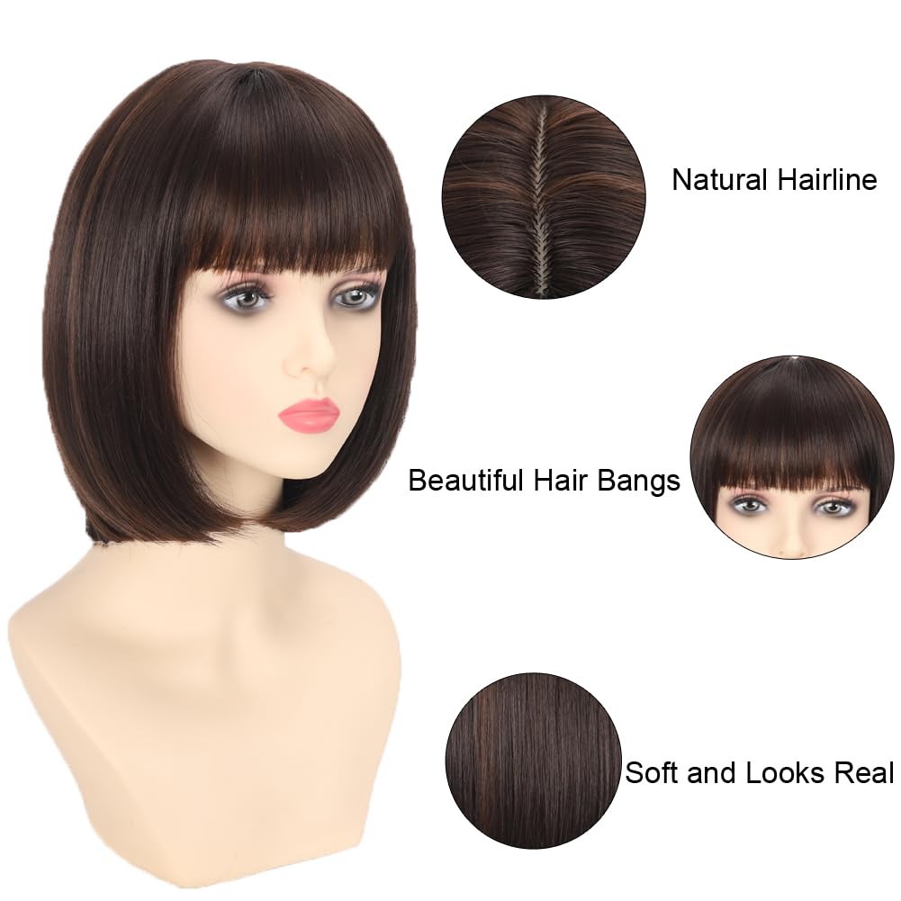 Brown Mix Light Brown Bob Wigs With Bangs 12 inch Short Straight Synthetic Shoulder Length Wig For Women Heat Resistant Bob Wig Style for Daily Party Cosplay (4/30, 12 Inch)
