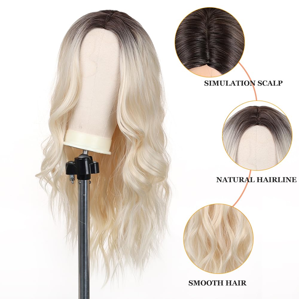 26 Inches Long Blonde Wigs for Women Natural Synthetic Hair Ombre Blonde Wig with Dark Roots Synthetic Wig Loose Wavy Wigs Heat Resistant