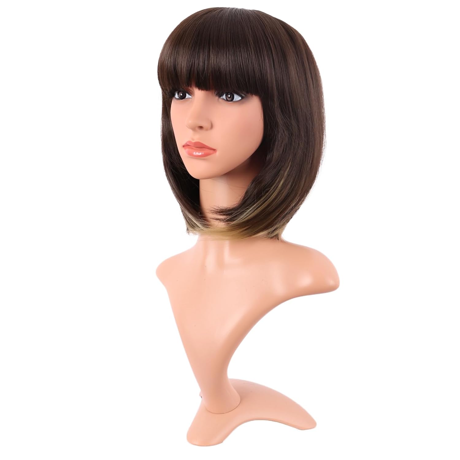 12 Inch /30 cm Fashion Lady Short Straight Synthetic Flat Bangs Bob Wig (Brown Mixed Blonde)