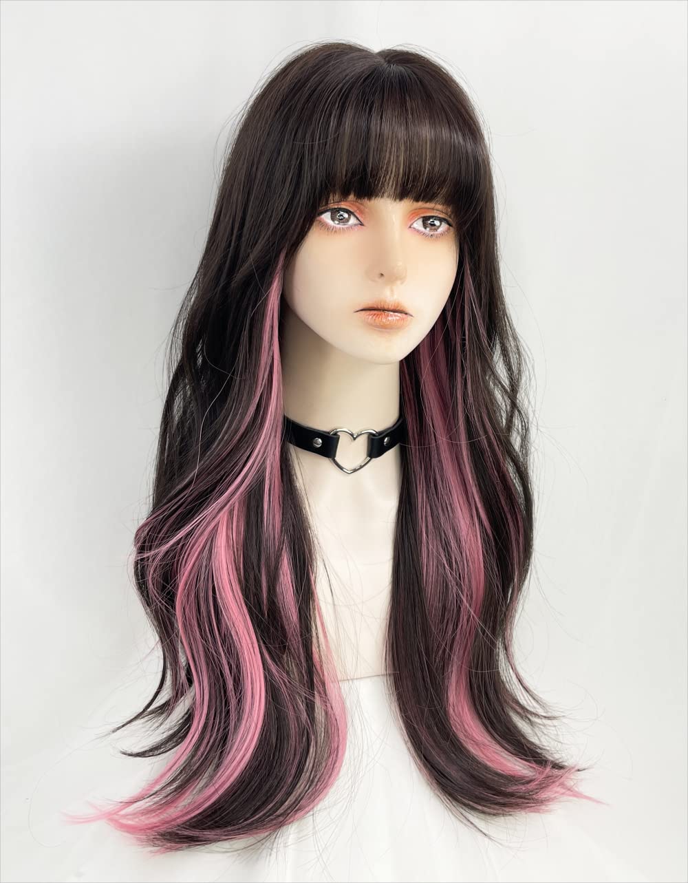 Long Wavy Wig for Women Synthetic Curly Wig with Bangs Fibre Cosplay Wig for Women Daily Use Colorful Wigs (Black+Brown+Pink)