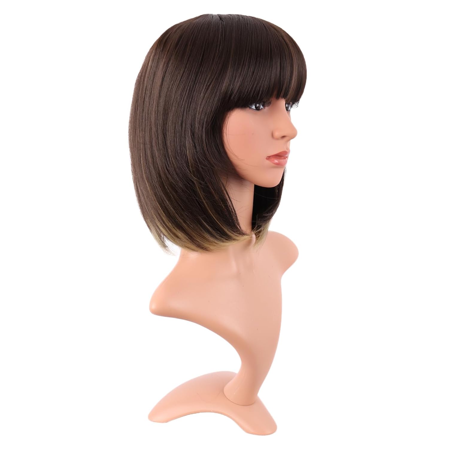 12 Inch /30 cm Fashion Lady Short Straight Synthetic Flat Bangs Bob Wig (Brown Mixed Blonde)