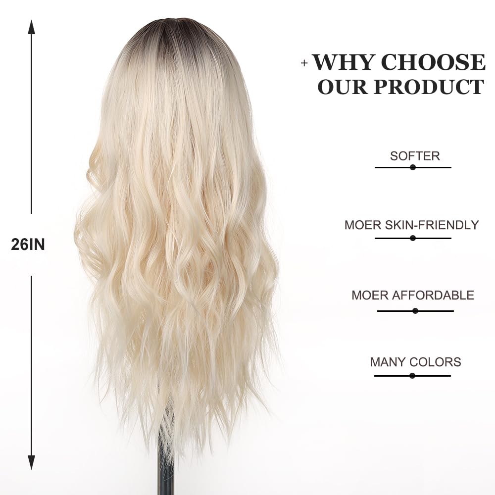 26 Inches Long Blonde Wigs for Women Natural Synthetic Hair Ombre Blonde Wig with Dark Roots Synthetic Wig Loose Wavy Wigs Heat Resistant