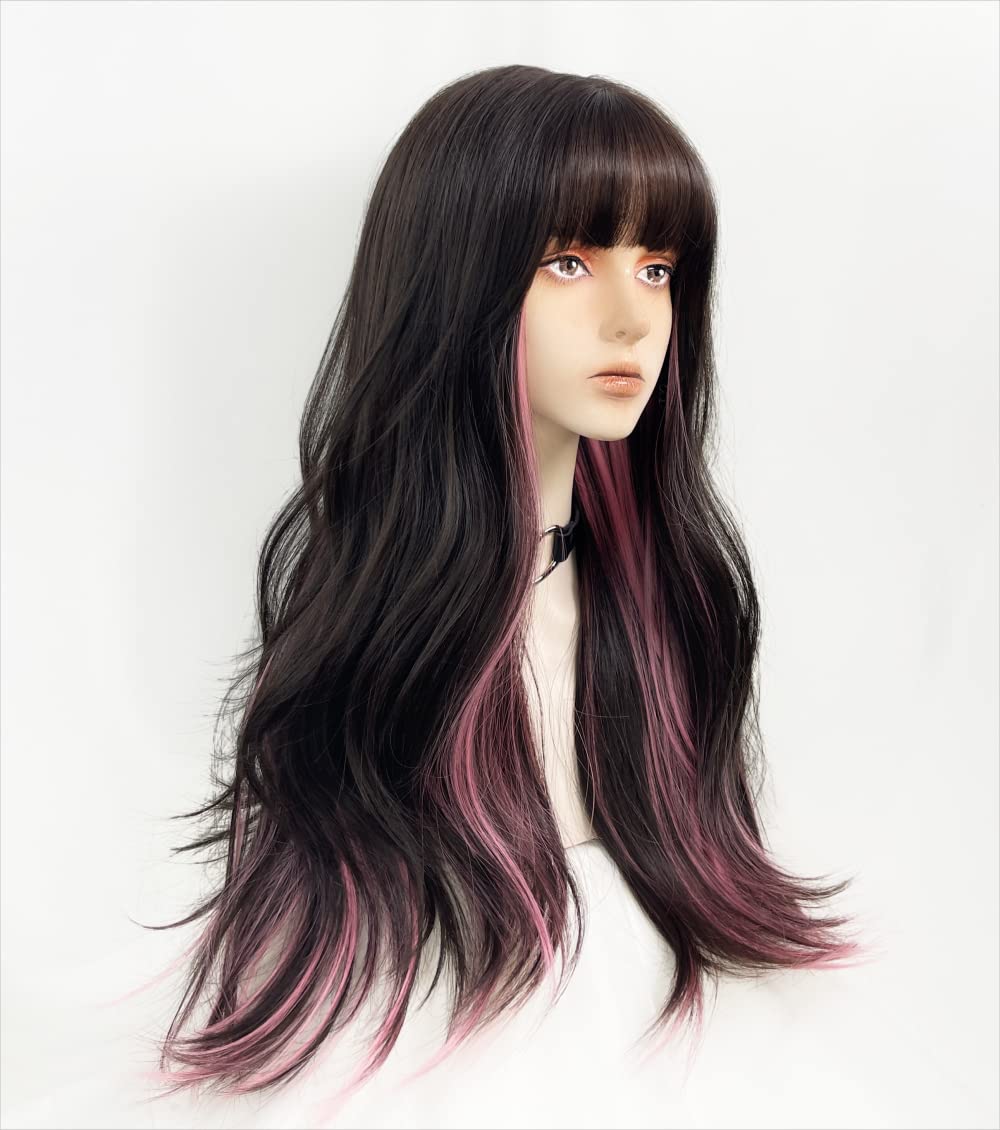 Long Wavy Wig for Women Synthetic Curly Wig with Bangs Fibre Cosplay Wig for Women Daily Use Colorful Wigs (Black+Brown+Pink)