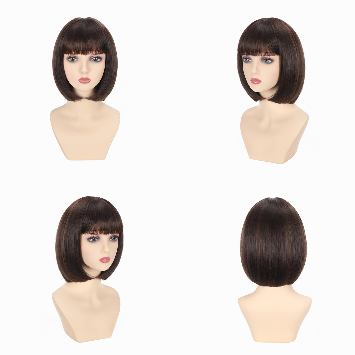 Brown Mix Light Brown Bob Wigs With Bangs 12 inch Short Straight Synthetic Shoulder Length Wig For Women Heat Resistant Bob Wig Style for Daily Party Cosplay (4/30, 12 Inch)