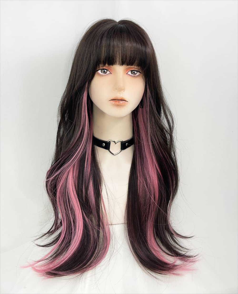 Long Wavy Wig for Women Synthetic Curly Wig with Bangs Fibre Cosplay Wig for Women Daily Use Colorful Wigs (Black+Brown+Pink)