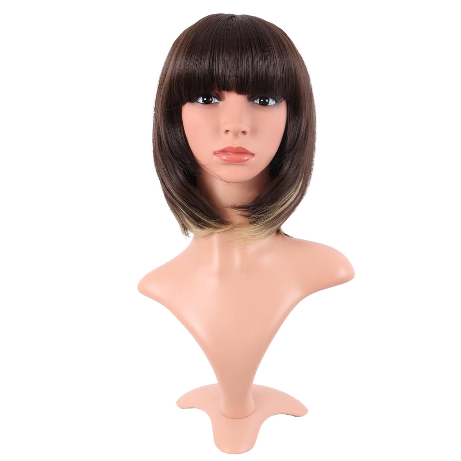 12 Inch /30 cm Fashion Lady Short Straight Synthetic Flat Bangs Bob Wig (Brown Mixed Blonde)
