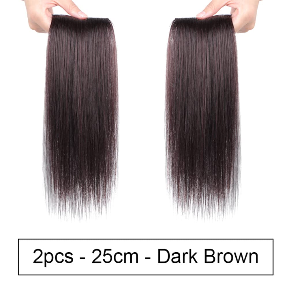 Seamless Forehead Wiglet Topper Synthetic 2pcs Clip in Bangs Extension Straight Topettes for Women With Thinning Hair (25cm Dark Brown)