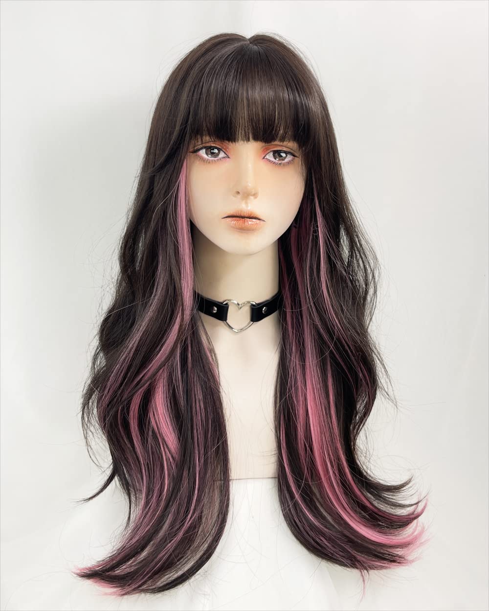 Long Wavy Wig for Women Synthetic Curly Wig with Bangs Fibre Cosplay Wig for Women Daily Use Colorful Wigs (Black+Brown+Pink)