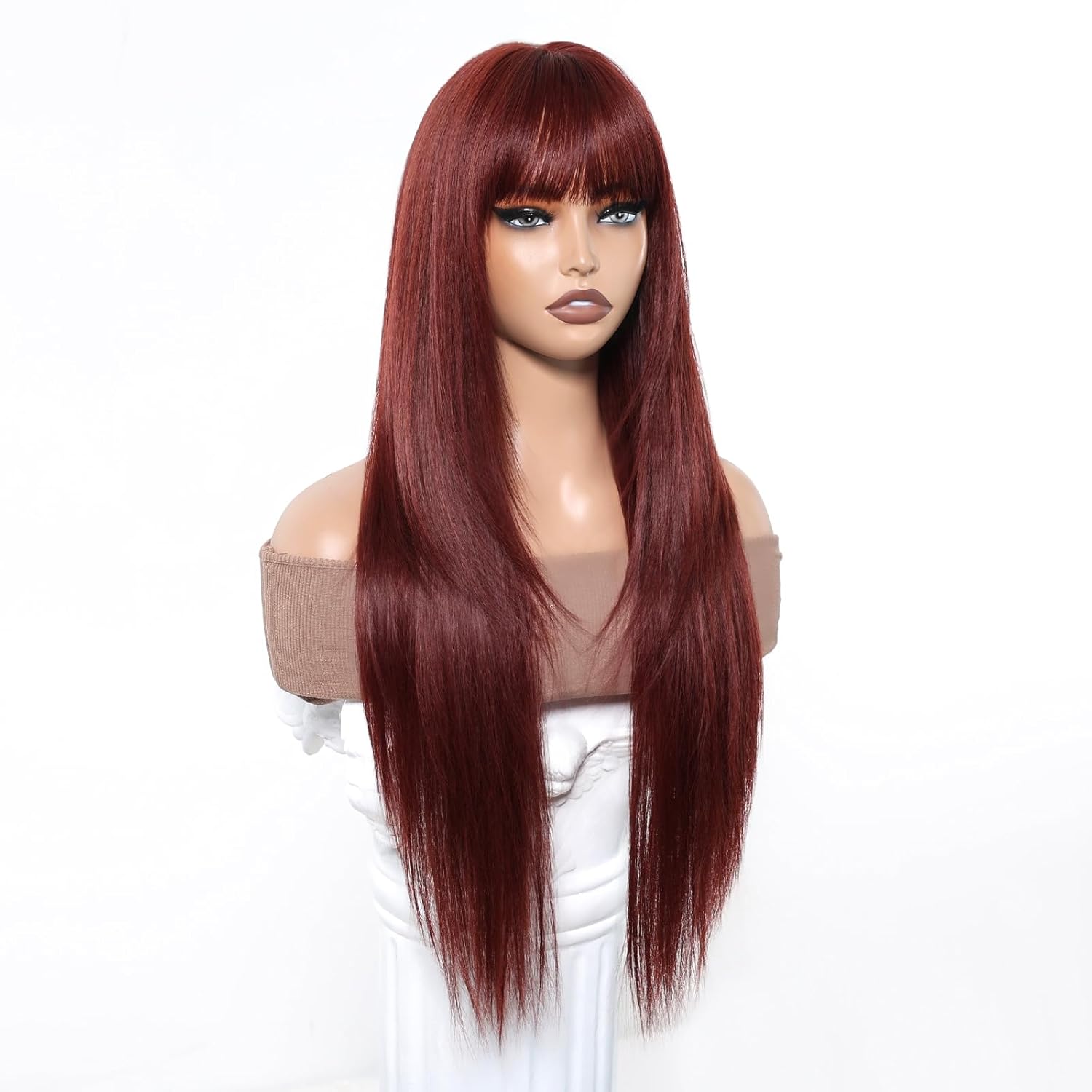 Reddish Brown Synthetic Wig with Bangs Auburn Glueless Long Straight Layered Wigs for Women 28 Inch
