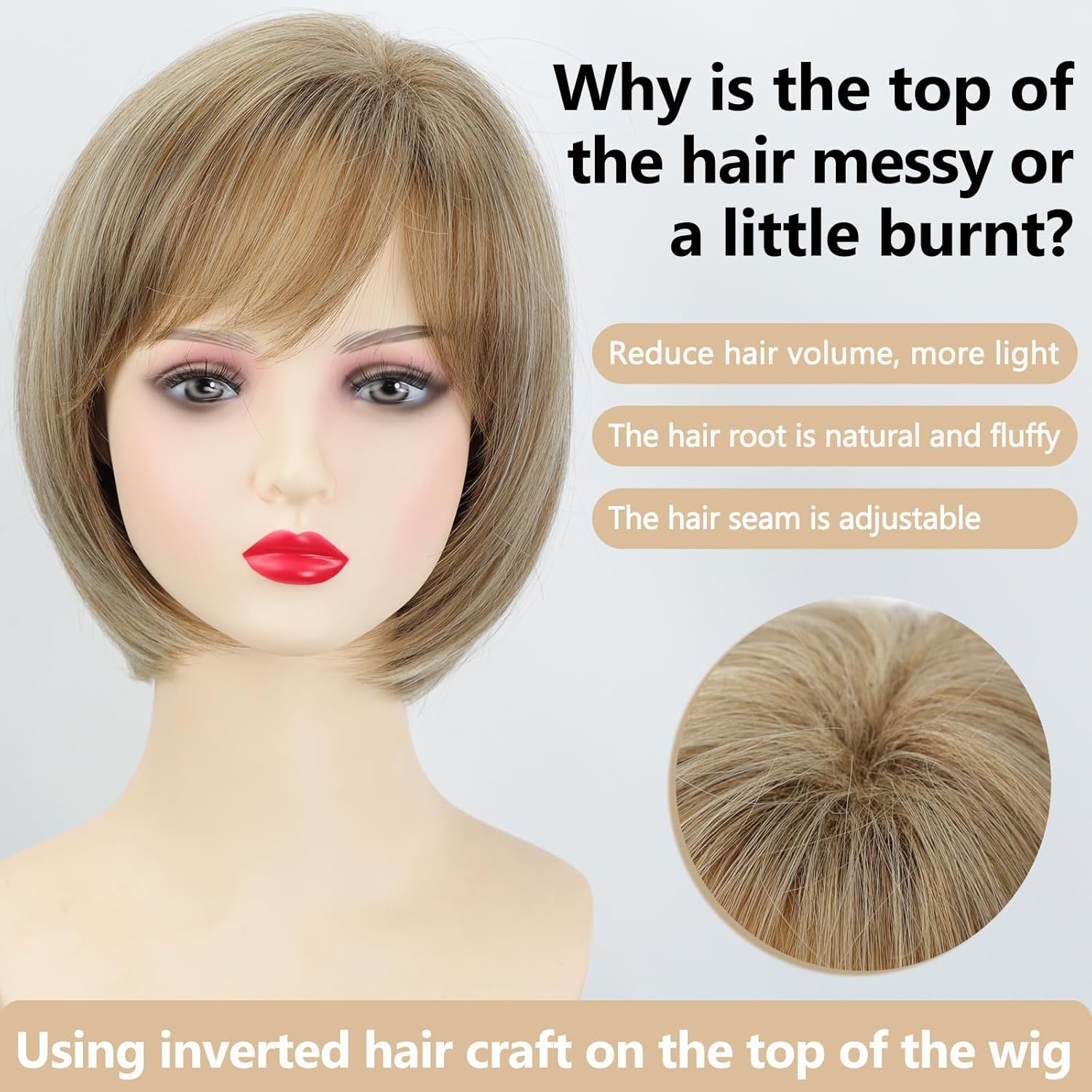 Short Blonde Bob Wigs for White Women Blonde Highlight Pixie Bob Wig with Bangs Layered Straight Bob Synthetic Hair Replacement Wigs for Daily Party Use