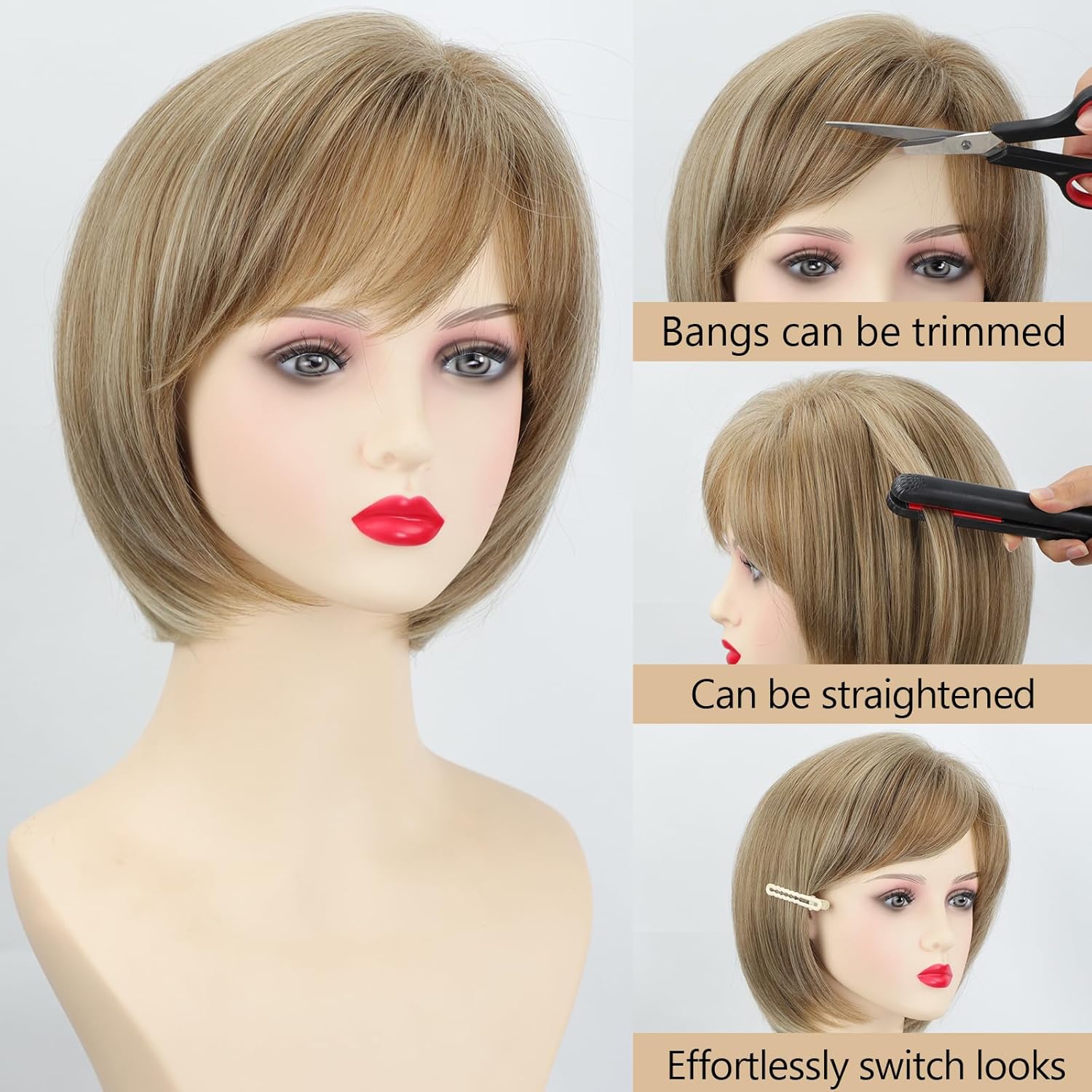 Short Blonde Bob Wigs for White Women Blonde Highlight Pixie Bob Wig with Bangs Layered Straight Bob Synthetic Hair Replacement Wigs for Daily Party Use