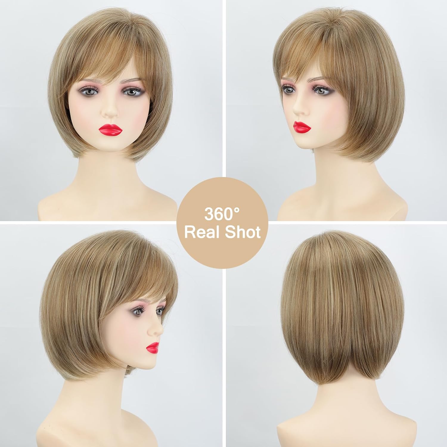 Short Blonde Bob Wigs for White Women Blonde Highlight Pixie Bob Wig with Bangs Layered Straight Bob Synthetic Hair Replacement Wigs for Daily Party Use