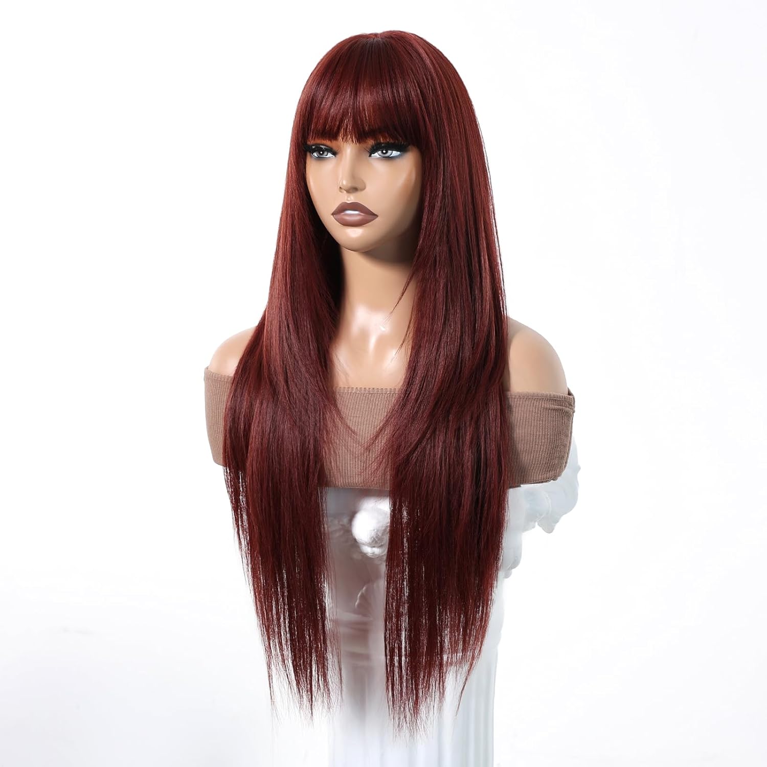Reddish Brown Synthetic Wig with Bangs Auburn Glueless Long Straight Layered Wigs for Women 28 Inch