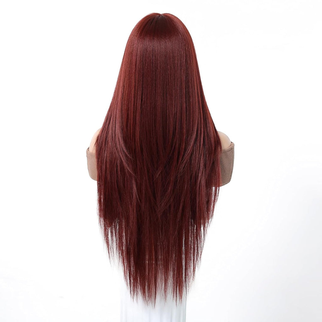 Reddish Brown Synthetic Wig with Bangs Auburn Glueless Long Straight Layered Wigs for Women 28 Inch