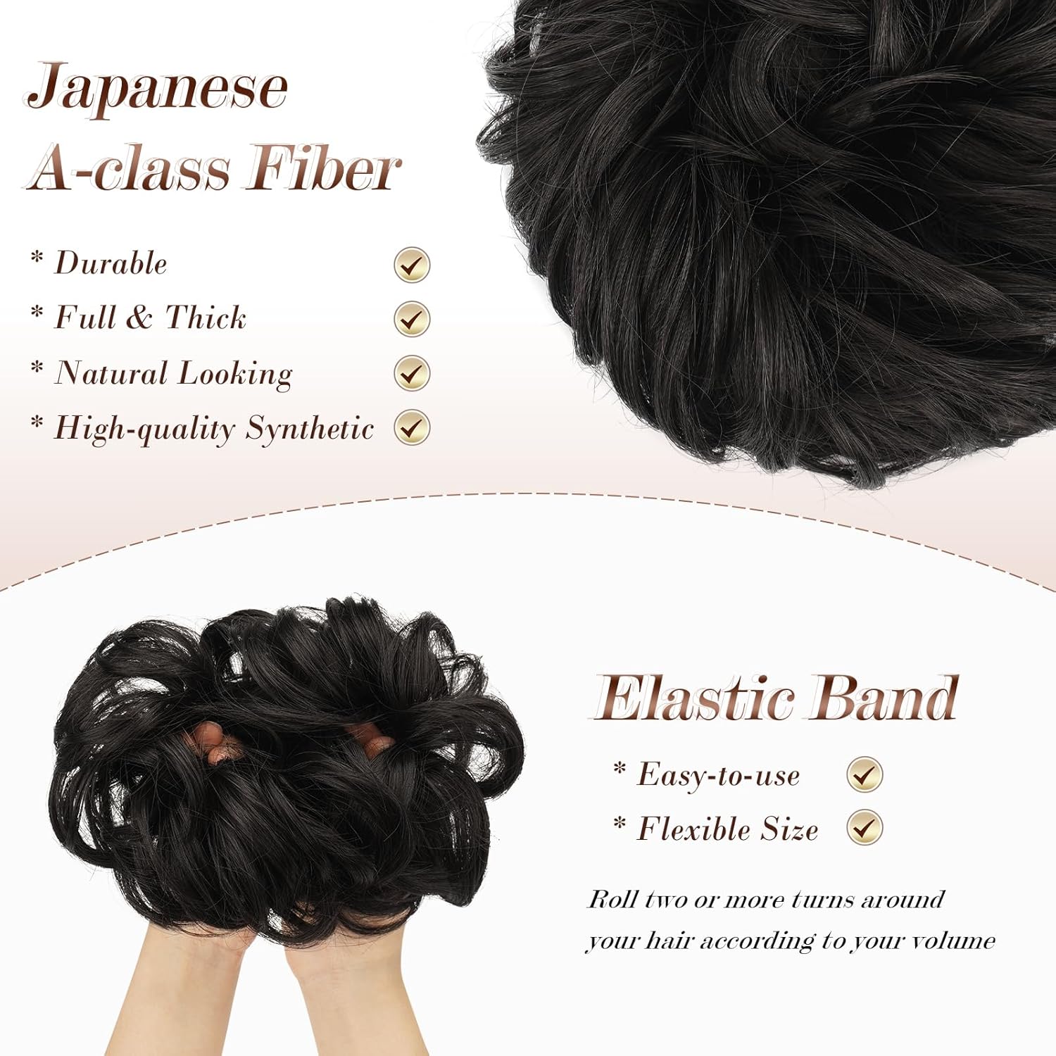 Messy Bun Hair Piece - Wavy Synthetic Chignon Scrunchies for Instant Volume, Elastic Bun Ponytail Hair Extensions Thick Hairpieces for Women, Black Brown 1.50 oz