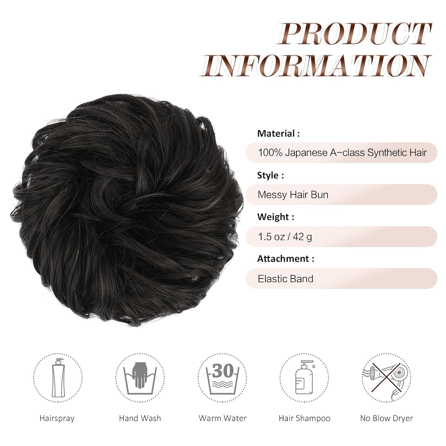 Messy Bun Hair Piece - Wavy Synthetic Chignon Scrunchies for Instant Volume, Elastic Bun Ponytail Hair Extensions Thick Hairpieces for Women, Black Brown 1.50 oz